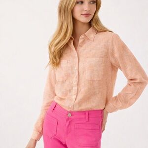 Lilly Pulitzer Sea View Linen Button Down Shirt Peach Summer Vacation Resort